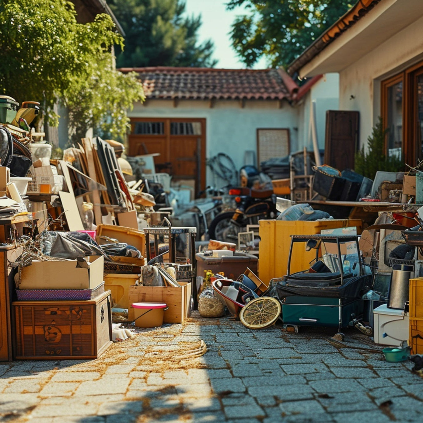 Outdoor yard sale with various items on a stone patio