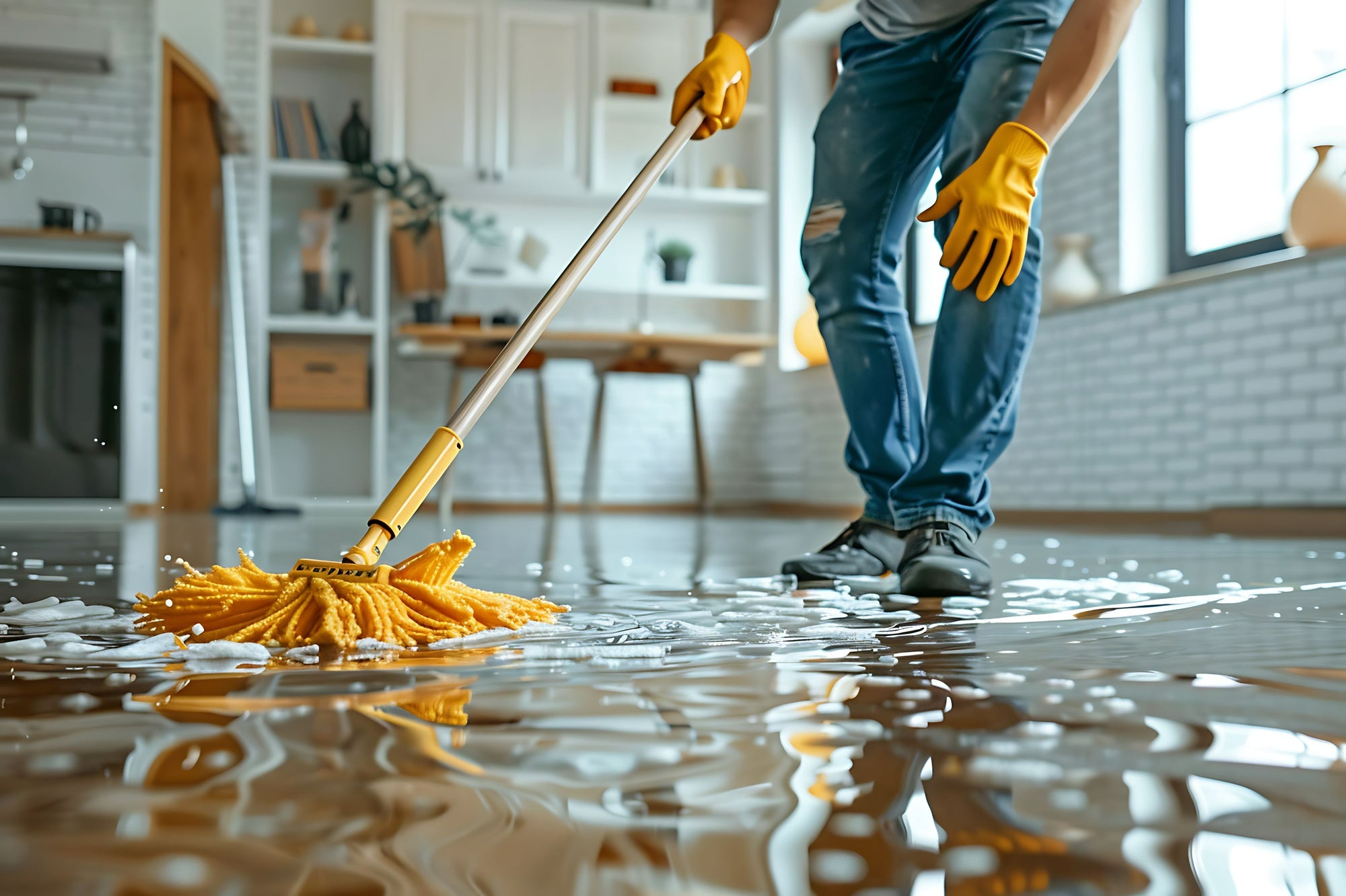 Person cleaning a wet floor with a mop in a kitchen.