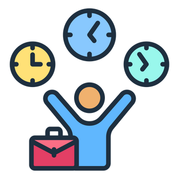 Colorful icon of a person with briefcase and clocks on a white background