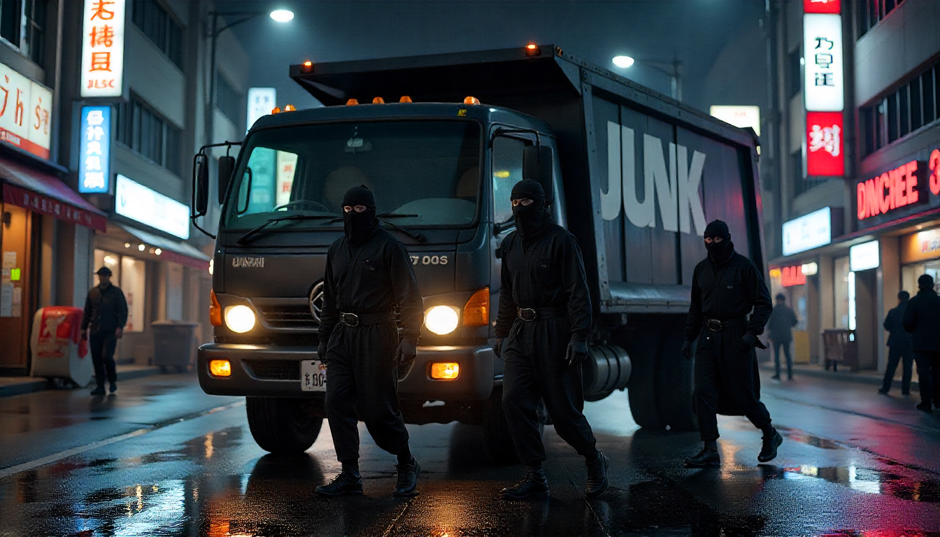 Three individuals in dark clothing standing in front of a truck with 'JUNK' branding on a city street at night.1621243260e1af0c20-1