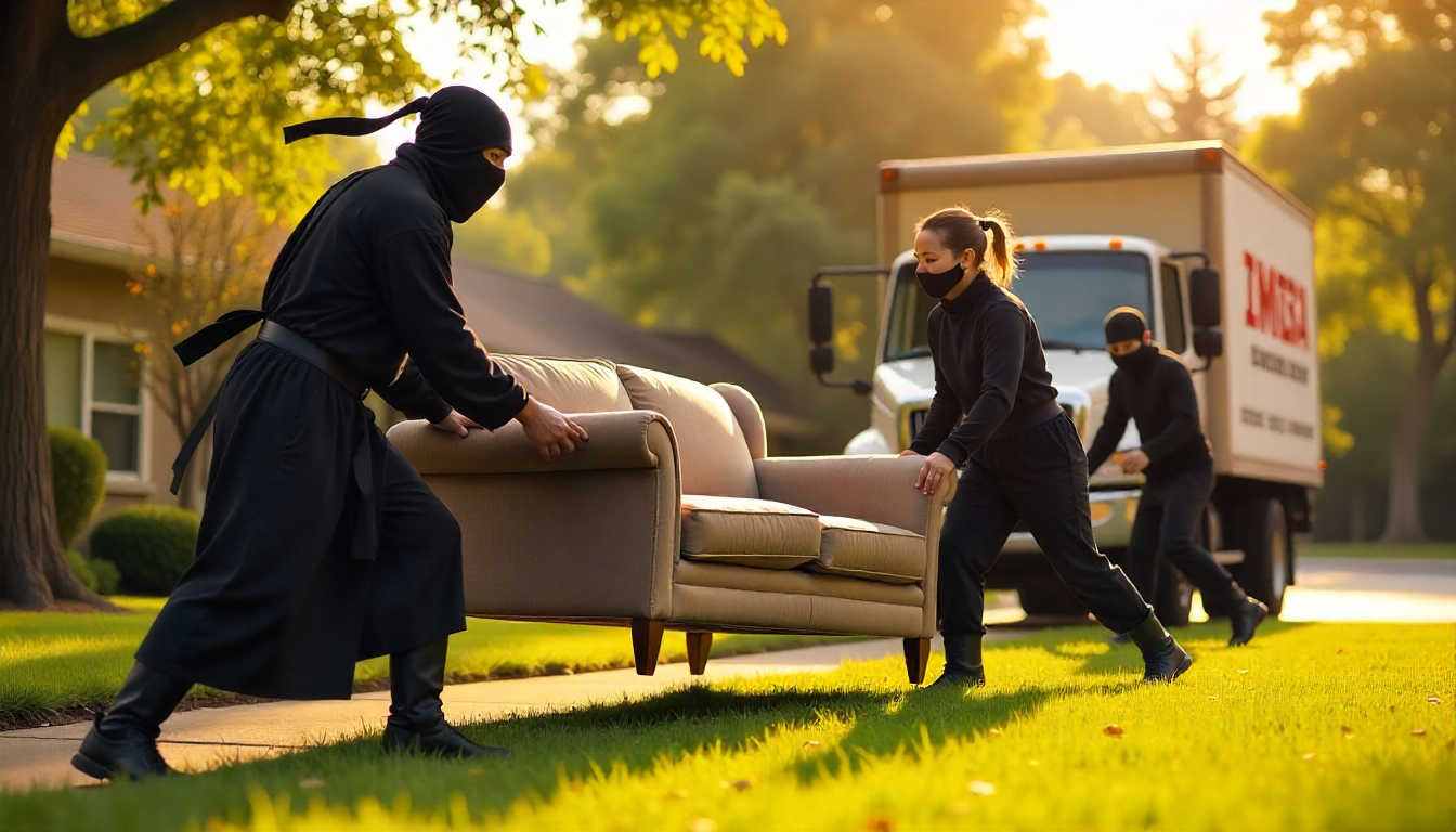 Two people moving a couch with a Ninja-like figure in the foreground, and a moving truck in the background.slider_item_zdQpd3