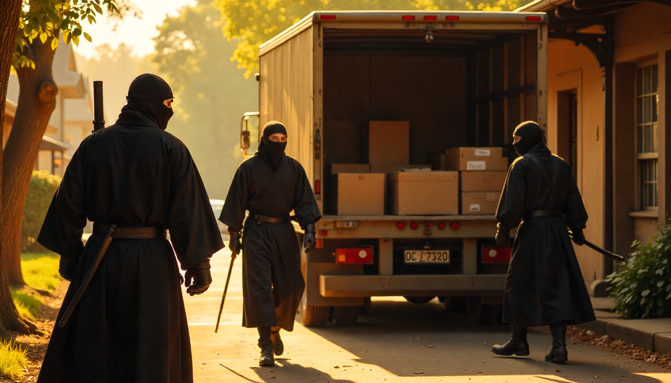 Three individuals in dark cloaks walking towards a truck with boxes, set against a sunlit street.slider_item_XjqMqb