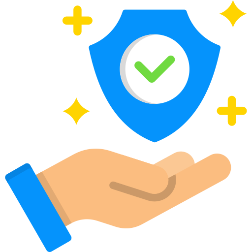 Hand holding a blue shield with a green check mark, surrounded by yellow stars on a white background