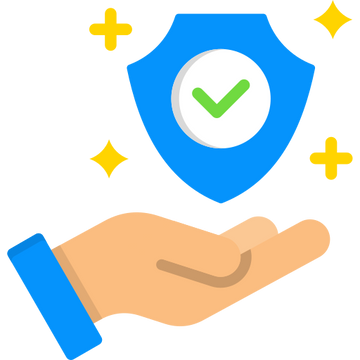 Hand holding a blue shield with a green check mark, surrounded by yellow stars on a white background