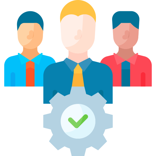 Three stylized avatars with a gear icon featuring a green check mark on a white background