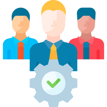 Three stylized avatars with a gear icon featuring a green check mark on a white background